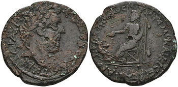 Римская Империя, Провинция Нижняя Мезия, Никополь-на-Истре AE 188 - 192 Коммод, голова императора / Зевс на тоне, у ног орел, 27 мм, 12,6 гр Varbanov 2148 бронза 1100-4-24