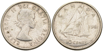 Канада 10 центов 1961 Елизавета II (1952-), парусник KM 51 серебро 4585-724