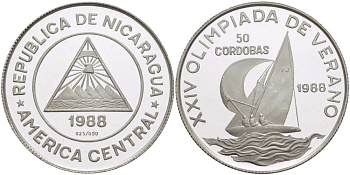 Никарагуа 50 кордоба 1988 XXIV ЛЕТНИЕ ОЛИМПИЙСКИЕ ИГРЫ В СЕУЛЕ 1988 ГОДА, РЕГАТА, ЯХТА KM 62 серебро PROOF 00-00