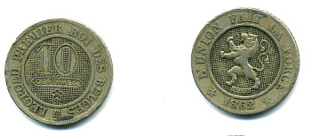 БЕЛЬГИЯ 10 САНТИМОВ 1862 KM 22 медно-никель 29-537