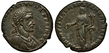 Римская Империя, Провинция Нижняя Мезия, Маркианополь АЕ 217 - 218 Макрин, бюст императора / Омонойя, божество Согласия, 10,59 гр Varbanov 1127 медь 1073-7-64