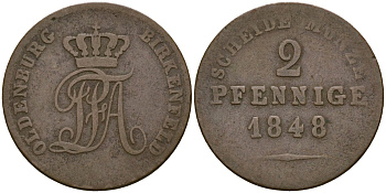 Ольденбург для Биркенфельда 2 пфеннига 1848 KM 7 медь 00-00