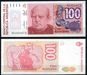 Аргентина 100 аустралей 1990 серия D 05442, Фаустино Сармьенто, Аргентинский военный деятель, масон Pick 327c  бумага  UNC (пресс) 7202-8-3