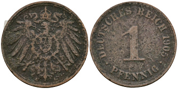 Германия 1 пфенниг 1905 Вильгельм II (1888-1918) KM 10, J. 10 медь 4608-253