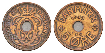 Дания 5 эре 1930 N, Кристиан X (1912-1947) KM 828 бронза 4657-247