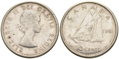 Канада 10 центов 1961 Елизавета II (1952-), парусник KM 51 серебро 4585-724