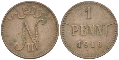 РОССИЯ ДЛЯ ФИНЛЯНДИИ 1 ПЕННИ 1916 НИКОЛАЙ II (1895-1917) KM 13, Биткин 476 медь 211-1032