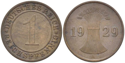 ГЕРМАНИЯ 1 РЕЙХСПФЕННИГ 1929 A KM 37, J. 313, Weege 2 бронза 206-831