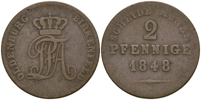 Ольденбург для Биркенфельда 2 пфеннига 1848 KM 7 медь 00-00