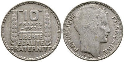 Франция 10 франков 1932 Пьер Тюрен KM 878, Le Franc 360.5 серебро 79-1532