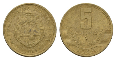 Коста-Рика 5 колонов 1999 год-тип KM 227a алюминиевая бронза 4679-743