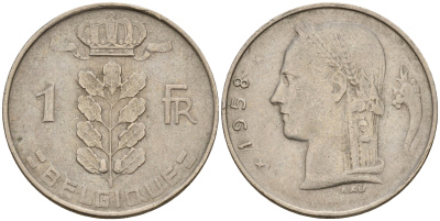 Бельгия 1 франк 1958 Belgique KM 142.1 медно-никель    4161-1232