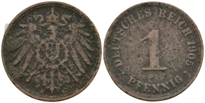 Германия 1 пфенниг 1905 Вильгельм II (1888-1918) KM 10, J. 10 медь 4608-253
