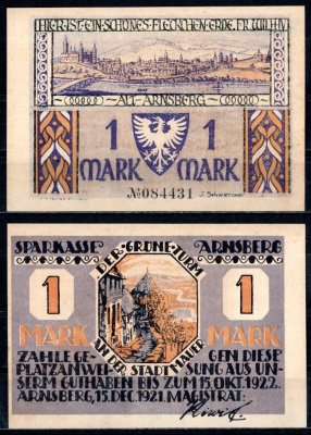 Арнсберг (Пруссия, Вестфалия) 1 марка 1921 Mehl Grabowski 42.2-2/3 бумага UNC (пресс) 7556-15-2-2