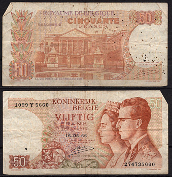 Бельгия 50 франков 1966 Бодуэн/Будевин I и королева Фабиола, здание парламента, Брюссель Pick 139 (3) бумага 7548-78-3-2