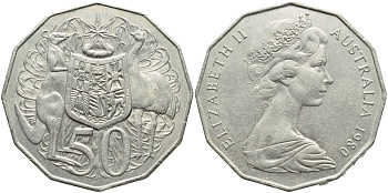 Австралия 50 центов 1980 Елизавета II (1952-2022), герб, кенгуру KM 68 медно-никель 4394-415
