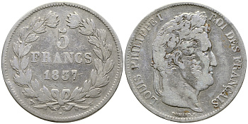 Франция 5 франков 1837 W, Луи Филипп I (1830-1848) KM 749.13 серебро 4386-323