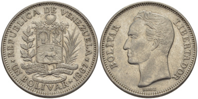 Венесуэла 1 боливар 1967 Симон Боливар KM 42 никель 31-532