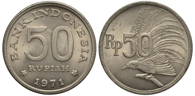 Индонезия 50 рупий 1971 райская птица KM 35 медно-никель XF-UNC 4182-535