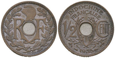 Французский Индокитай 1/2 сантима 1935 KM 20 бронза aUNC 4152-762