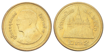 Таиланд 2 бата 2010 BE 2553, Рама IX (1946-2016) Y 445 алюминиевая бронза UNC 4701-412