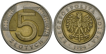 Польша 5 злотых 1994 MW KM 284 биметалл 4138-454