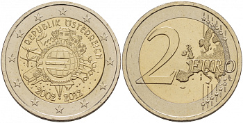 Австрия 2 евро 2012 10 лет монетарной политике и наличному евро KM 3205 биметалл UNC 1094-6-43