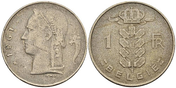 БЕЛЬГИЯ 1 ФРАНК 1961 BELGIE KM 143.1 медно-никель 4546-351