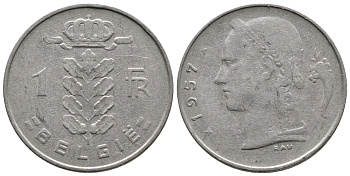 БЕЛЬГИЯ 1 ФРАНК 1957 BELGIE KM 143.1 медно-никель 4381-442