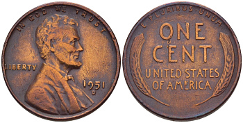 США 1 ЦЕНТ 1951 D, ЛИНКОЛЬН KM А132 медь цинк 66-446