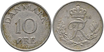 ДАНИЯ 10 ЭРЕ 1956 C; S, ФРЕДЕРИК IX (1947-1972) KM 841.2 медно-никель 116-216
