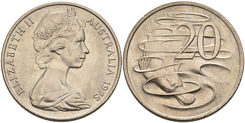 Австралия 20 центов 1975 Елизавета II (1952-2022), утконос KM 66 медно-никель UNC 4565-823