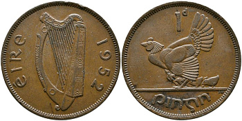 ИРЛАНДИЯ 1 ПЕННИ 1952 КУРИЦА С ЦЫПЛЯТАМИ KM 11 бронза 4531-712