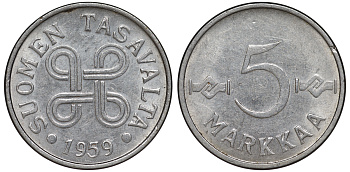 Финляндия 5 марок 1959 KM 37a никелированное железо 3334-1214