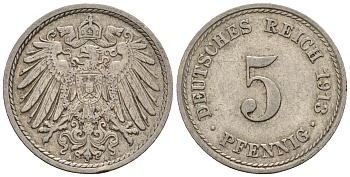 Германия 5 пфеннигов 1913 A, KM 11, J. 12 медно-никель 220-713