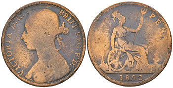 Великобритания 1 пенни 1892 Виктория (1837-1901) KM 755, Spink 3954 бронза 221-1212