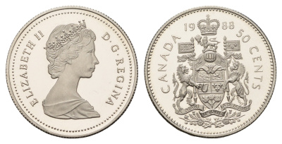 Канада 50 центов 1988 Елизавета II (1952-2022), герб KM 75.3 никель PROOF 603-511