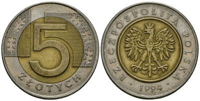 Польша 5 злотых 1994 MW KM 284 биметалл 4138-454