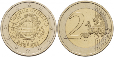 Австрия 2 евро 2012 10 лет монетарной политике и наличному евро KM 3205 биметалл UNC 1094-6-43