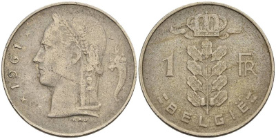 БЕЛЬГИЯ 1 ФРАНК 1961 BELGIE KM 143.1 медно-никель 4546-351