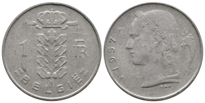 БЕЛЬГИЯ 1 ФРАНК 1957 BELGIE KM 143.1 медно-никель 4381-442
