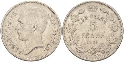 БЕЛЬГИЯ 5 ФРАНКОВ 1931 BELGEN KM 98 никель 4111-221