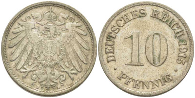 ГЕРМАНИЯ 10 ПФЕННИГОВ 1915 D KM 12, J. 13, Weege 8 медно-никель 212-316