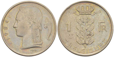 БЕЛЬГИЯ 1 ФРАНК 1954 BELGIQUE, БОДУЭН I (1951-1993) KM 142.1 медно-никель 202-951