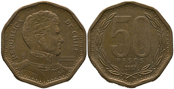 Чили 50 песо 2007 KM 219.2, Schon 70 алюминиевая бронза 4544-425