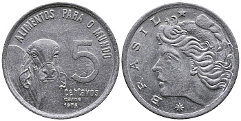 Бразилия 5 сентаво 1975 ФАО, зебу KM 587.1 нержавеющая сталь 3336-844