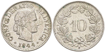 ШВЕЙЦАРИЯ 10 РАППЕНОВ 1944 В KM 27 медно-никель 201-451