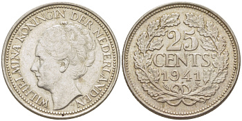 Нидерланды 25 центов 1941 Вильгельмина (1890-1948) KM 164 серебро aUNC 66-1147