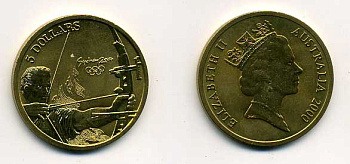АВСТРАЛИЯ 5 ДОЛЛАРОВ 2000 (1997) ОЛИМПИАДА В СИДНЕЕ, СТРЕЛЬБА ИЗ ЛУКА KM 359 алюминиевая бронза UNC 58-934