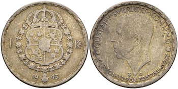 Швеция 1 крона 1943 G, Густав V (1907-1950) KM 814 серебро 4148-957